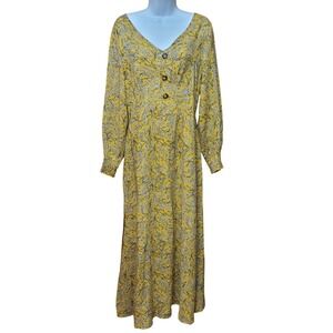 Women's Maxi Yellow Dress Cotton Blend S Boho Floral Prairie Cottage Puff Sleeve